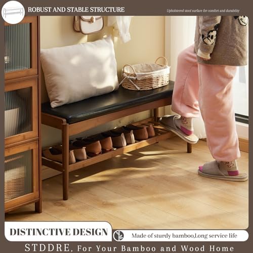 STDDRE Shoe Rack Bench Entryway Bamboo Shoe Storage Bench with Leather Cushion 2 Tiers Shoe Rack Entryway Bench for Hallway, Living Room,Bedroom(Black Bench top+Brown Frame) - Image 3