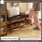 STDDRE Shoe Rack Bench Entryway Bamboo Shoe Storage Bench with Leather Cushion 2 Tiers Shoe Rack Entryway Bench for Hallway, Living Room,Bedroom(Black Bench top+Brown Frame) - Image 3