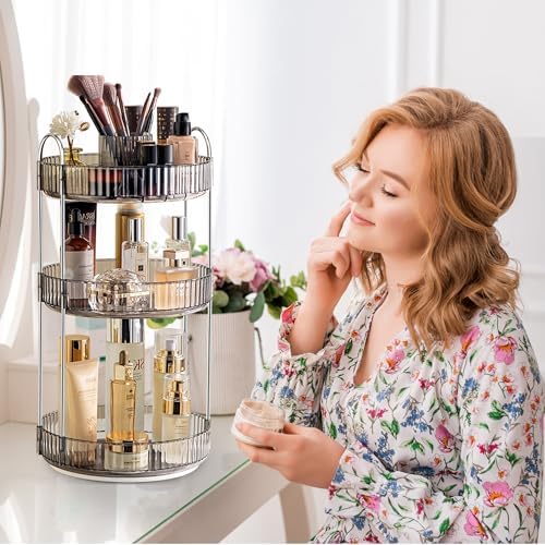 Aveniee 360° Rotating Makeup Organizer for Vanity, Upagraded Perfume Skincare Bathroom Counter Organizers with Brush Divider, 3 Tier Spinning Lipstick Cosmetic Lotion Storage,Grey - Image 6