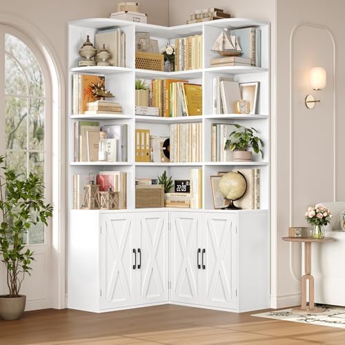 FINETONES 74" Tall Corner Bookshelf, White Bookshelf with Doors by finetones