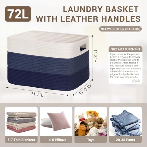 72L Large Woven Laundry Basket Hamper with Handles, Gradient Blue - Image 2