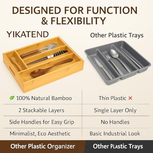 Bamboo Expandable Flatware Drawer Organizer Stackable Bamboo Silverware Drawer Organizer – 2-Tier Kitchen Utensil Tray with Compartments - Image 5