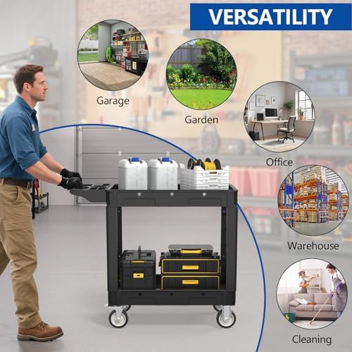 2 Tier Plastic Rolling Cart Utility Cart on Wheels, Heavy Duty Tool Carts with Ergonomic Storage Handle and Deep Shelfs, Work Cart Service Cartss for Garage, Warehouse, Workshop, Office, Cleaning - Image 7