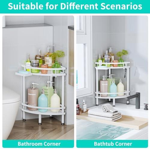 HapiRm Standing Corner Shower Caddy - 2 Tier Shower Organizer Corner with Soap Holder and 4 Hooks, Rustproof Bathroom Storage Shelves with Adhesives, White - Image 4