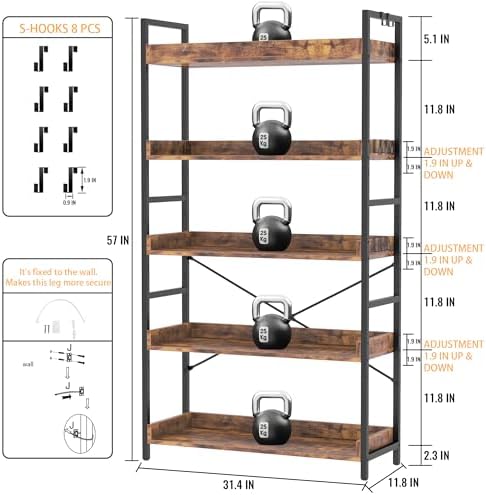 HCHQHS 5 Tier Bookshelf, Adjustable Industrial Bookcase, Vertical Tall Book Shelf, Wood and Black Metal Open Bookshelves for Home Office, Living Room, Bedroom - Image 4