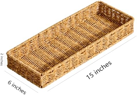 Berdeng Kitchen Drawer Organizer for Utensils, Silverware Tray Cutlery Organizer, PE Rattan Handwoven Storage Basket with Iron Frame, 2-Inch Fit for Shallow Drawers, 15" x 6" x 2" (Set of 3) - Image 2