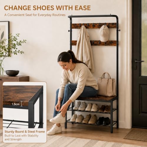 Simple Deluxe 4-in-1 Hall Tree with Bench and Shoe Storage, Entryway Coat Rack with 10 Hooks, Freestanding Mudroom Organizer with 2-Tier Shoe Rack for Entryway Bedroom Foyer, Brown - Image 5