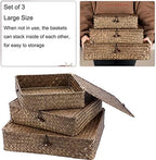 Hipiwe Set of 3 Flat Wicker Basket Bins with Lid - Handwoven Seagrass Boxes - Image 3