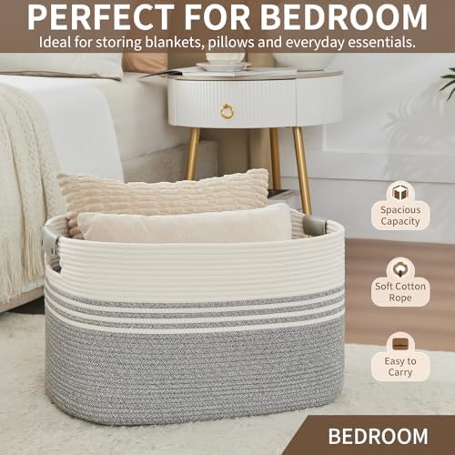 Laundry Hamper with Handles, 72L Rope Laundry Basket, Grey & White - Image 6