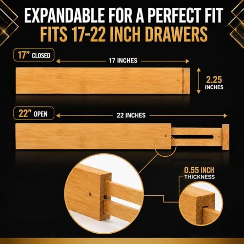 Adjustable Bamboo Drawer Dividers Expandable 8 Pack 17-22 Organizer - Image 2