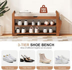 PETKABOO 31.5" Bamboo Shoe Rack Bench with Coat Rack, 3-Tier Entryway Bench with Thick Cushion, Flip-Top & Side Baskets, Holds Up to 550 LBS for Hallway, Living Room, Bedroom - Image 7