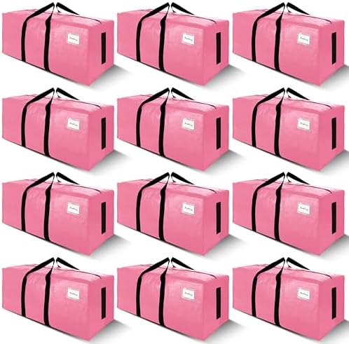 SWEET DOLPHIN 12 Pack 200LB Heavy-Duty Moving Bags with Wrap-Around Handles, Extra Large Storage Totes for Space Saving, Clothes Storage Bags, College Dorm Essentials, Pink, 24 Gal by SWEET+DOLPHIN