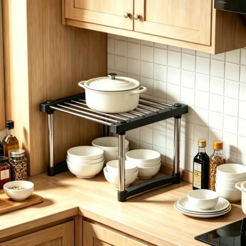 BLULEE Expandable Cabinet Organizer, Adjustable Storage Shelf Black by BLULEE