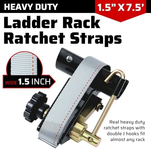 Rack Straps with J-Hook (2PK),1.5" x7.5' Ladder Rack Ratchet Straps, 2" Round Tube Mount, Perfect Ladder Rack Tie-Downs for Trailer Cargo Control - Image 4