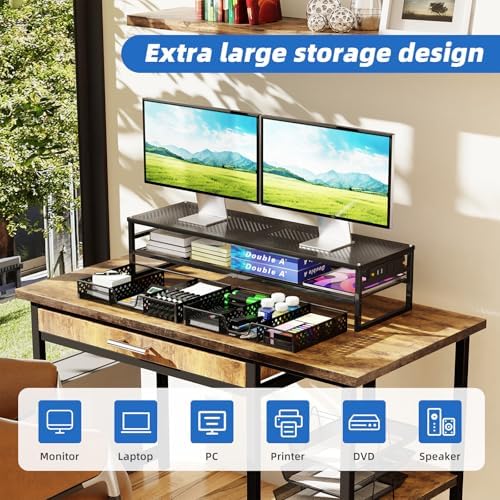 Simple Trending 2-Tier Metal Dual Monitor Stand with USB & 2 Drawers, Black - Image 5