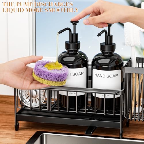 Kitchen Soap Dispenser Set with Sponge Holder and Towel Rack, 17OZ Glass Bottle, Hand and Dish Soap Dispenser Set, Non-Slip Silicone Pad, Brush Holder, Kitchen Sink Caddy Organizer Countertop (Black) - Image 3