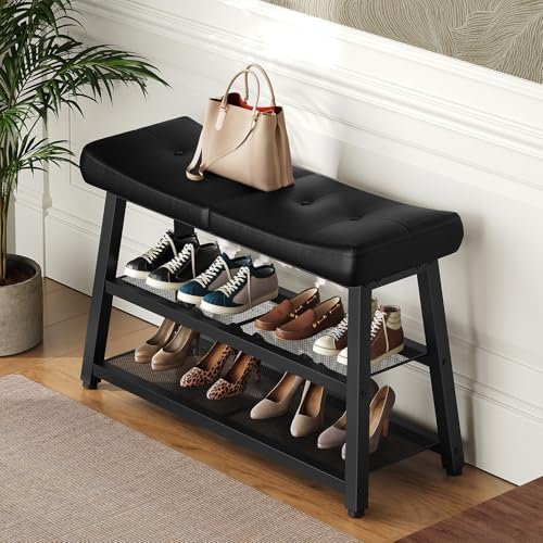 YATINEY Shoe Bench, 3-Tier Shoe Rack, Entryway Bench with Storage and Cushion, for Hallway, Foyer, Bedroom, Black HX02BB - Image 2