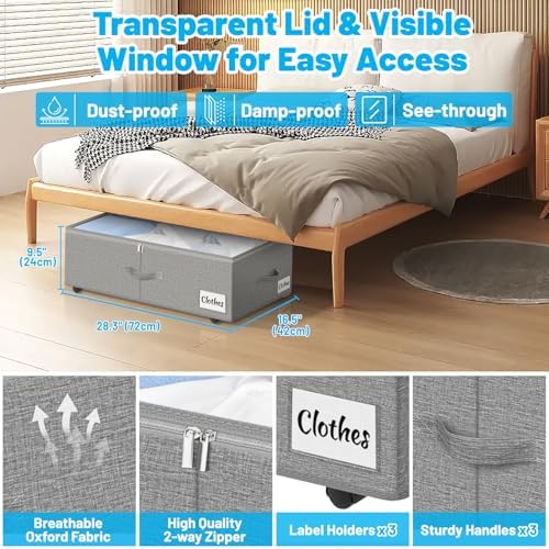 Under Bed Storage with Wheels, 4-Pack 10" Height XXL 75L Rolling Storage Bins, Quick Assembly Underbed Shoe Storage Containers with Clear Lid & Label, Dorm Under Bed Drawers for Clothes, Shoes, Grey - Image 3