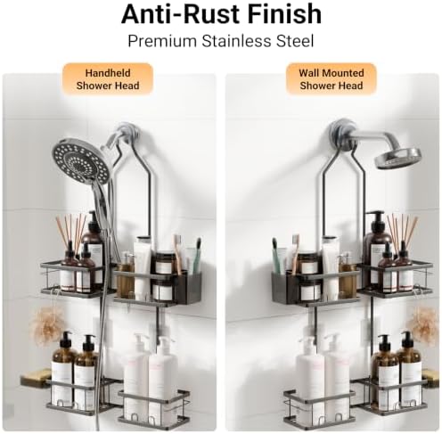 Adjustable Shower Caddy Hanging Rustproof Shower Caddy for Handheld Showerheads, Shower Organizer with Hooks Soap Holder, Anti-Swing Shower Rack Bathroom Accessories (Grey) - Image 2
