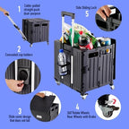 SUBICOO Folding Utility Cart Portable Rolling Crate Handcart Shopping Trolley Collapsible Tool Box, with Lid, on 4 Rotate Wheels, for Grocery, Shopping, Office, Teacher, Camp(Black) - Image 3