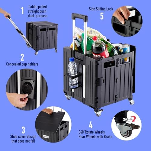 SUBICOO Folding Utility Cart Portable Rolling Crate Handcart Shopping Trolley Collapsible Tool Box, with Lid, on 4 Rotate Wheels, for Grocery, Shopping, Office, Teacher, Camp(Black) - Image 3