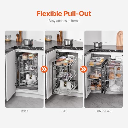 VEVOR 3 Tier 6 Shelf Chrome Carbon Steel Kitchen Cabinet Organizer, Slide Out Storage, Space Saving, Silver, For 15" Width, Food, Jars, Cans, Cookware, Pans, Mugs - Image 6