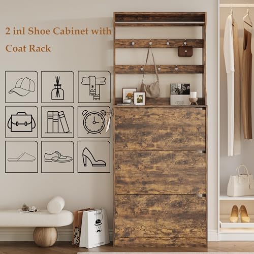 Wodeer Tall Shoe Cabinet with Coat Rack, Hidden Shoe Storage Cabinet with Doors & Drawer, Hanging Bar & Hooks, Slim Narrow Freestanding Shoe Rack Organizer for Entryway, Hallway & Living Room, Brown - Image 5