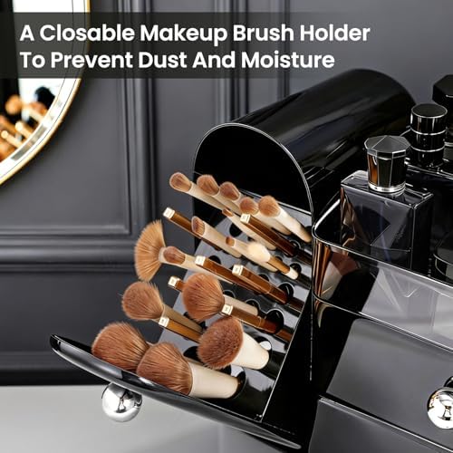 Makeup Organizer Countertop with Makeup Brush Holder,Black - Image 6