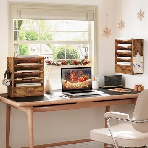 HOOBRO Wall File Organizer, Mail Organizer Wall Mounted, Wooden Literature Organizer, Construction Paper Organizer with Drawer Storage and 2 Hooks, for Office, Classroom, Home, Rustic Brown FG14WF01 - Image 2