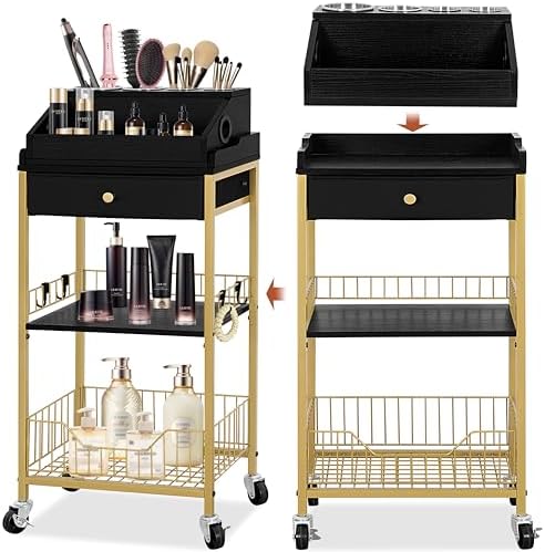 Black and Gold Rolling Makeup Cart with Drawer, Hair Tool Holder by SimpleandNeatLife
