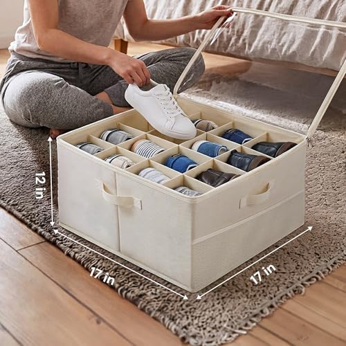 2 Pack Under Bed Shoe Storage Organizer, 16-Compartment Foldable Shoe Storage Boxes with Adjustable Dividers & Clear PVC Lid, Sneakers, Heels, Boots & Sandals Organizer for Closet, Off White - Image 7