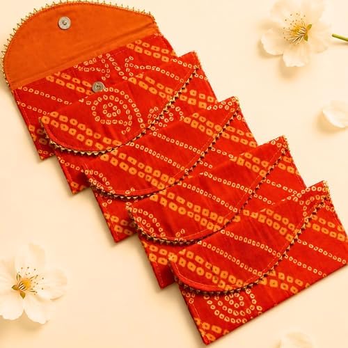 LoveNspire Brocade Fabric Money Envelopes (7.5 x 3.5 Inch) Decorative Bandhani Pattern Shagun Lifafa for Indian Wedding, Birthday | Cash Gift Holder & Home Savings Organizer Orange/Pack of 10 by LOVENSPIRE