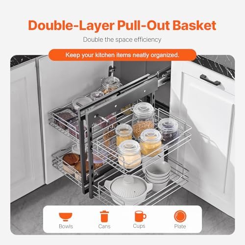 VEVOR Min 15" W Opening Blind Corner Pull Out Organizer, 2 Tier 4 Shelf Kitchen Cabinet Organizer, Chrome Carbon Steel Storage Basket, Slide Out Storage Organizer, Left & Right Open Compatible - Image 5
