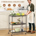 3 Tier Rolling Utility Kitchen Cart, Heavy Duty Wire Rolling Cart on Wheels, Commercial Metal Serving Carts with Handle, Kitchen Island Plant Shelf Food Storage Trolley for Laundry, Office, Garage - Image 4