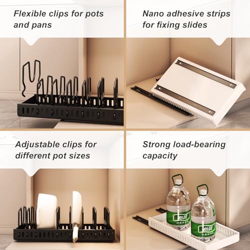 Pots and Pans Organizer Under Cabinet 2 Pack, Pull-Out Cabinet Organizer for Pot Lids, Bakeware, Dishes, 8 Adjustable Dividers (Black - Image 6