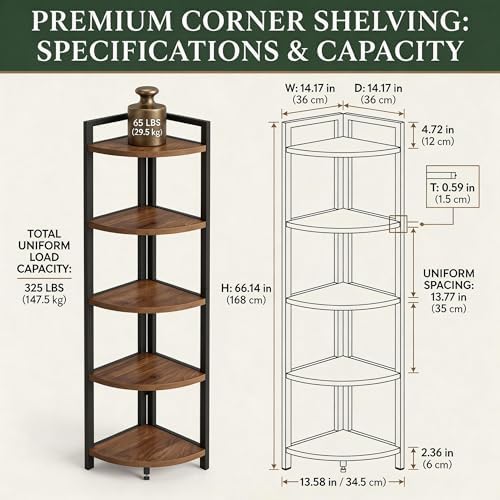 FATORRI Tall Corner Shelf, Industrial Corner Bookshelf, Wood and Metal Corner Shelf Stand for Living Room, Rustic Display Plant Stand for Home Office (Medium Walnut) - Image 2