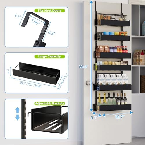 6-Tier Door Organizer, Heavy Duty Hanging Basket Spice Rack Shelves for Pantry Kitchen, Black - Image 2