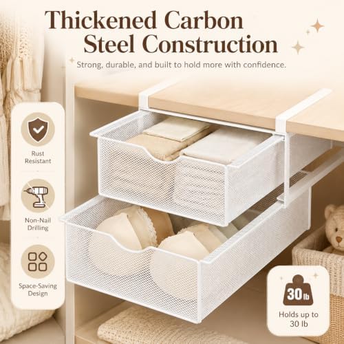 Underwear Organizer for Closet, Under Shelf Pull Out Drawer Organizer, Hanging Double Layer Mesh Basket for Bra Socks Lingerie Storage, Space Saving Wardrobe Organizer for Bedroom (Two-story) - Image 5