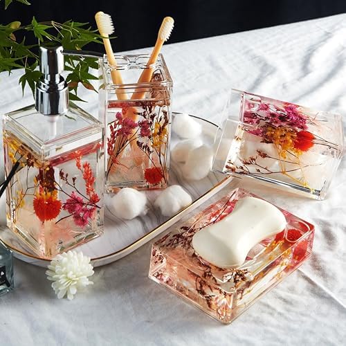 Locco Decor 4 Piece Acrylic Liquid 4D Floating Motion Bathroom Vanity Accessory Set Garden Botanic Pink Plants Toothbrush Holder, Tumbler, Soap Dispenser, Soap Dish - Image 2