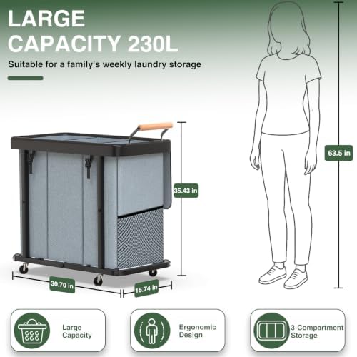 Laundry Hamper 3 Section with Lid,230L Rolling Dirty Clothes Hamper Grey - Image 6