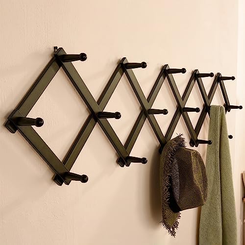 SKOLOO Accordion Wall Hanger with 16 Hooks, Modern Expandable Coat Rack Hat Rack for Wall, Solid Wooden, Dark Walnut Color - Image 4