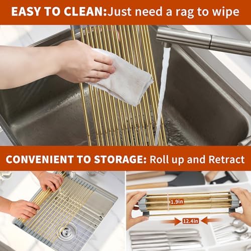 Golden Expandable Roll-UP Dish Drying Rack-Large 304 Stainless Steel Dish Drainer Over The Sink for Kitchen Countertop,Extendable & Rollable & Food Grade (Gold,22.08'x 13.2') - Image 6