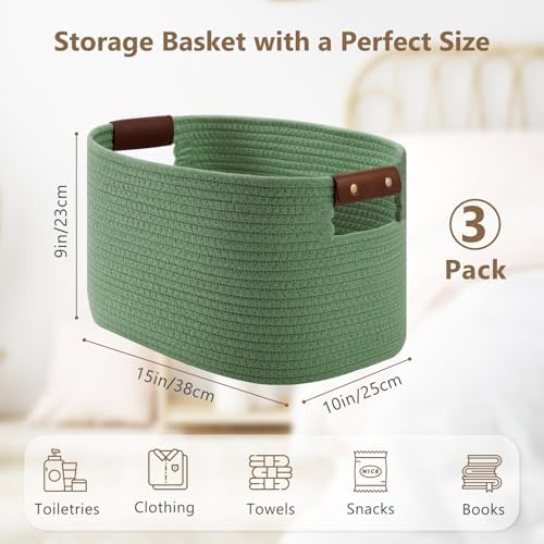 ECDYQXVU 15x10x9 Woven Cotton Rope Storage Basket, Leather Handles 3 Pack - Image 2