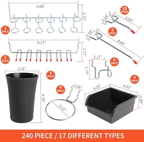 240PCS Pegboard Hooks Assortment, Pegboard Accessories Organizer Kit with Pegboard Bins, Pegboard Cups, 1/8 and 1/4 inch Peg Board Hooks for Hanging Tools, Garage Pegboard Wall Organization - Image 3