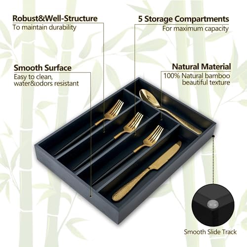 Silverware Organizer, 2 Pack 10 Inch Utensil Organizer Kitchen Drawer Organizer Bamboo Silverware Holder Cutlery Tray Organizer in Drawer Flatware Organizer Tray(5 slots, Black） - Image 3