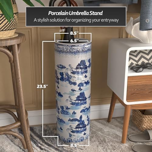 Oriental Furniture 20" Landscape Blue & White Porcelain Umbrella Stand - Image 4