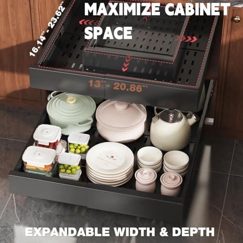 Seinloes Pull Out Cabinet Organizer,4-Side Expandable to Maximize Cabinet Space,Slide Out Drawers with 3 Rail Design,Roll Out Shelf with Raising Pad for Framed Cabinet,13"-21"W x 17"-24"D,Black,2 Pack - Image 2