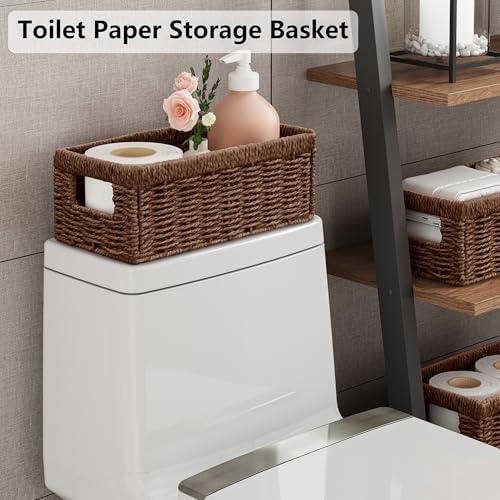 Vagusicc Wicker Storage Basket, Set of 2 Hand Woven Wicker Baskets for Organizing with Handles, Decorative Small Storage Bins for Countertop Toilet Paper Basket for Toilet Tank Top, Shelves, Brown - Image 3