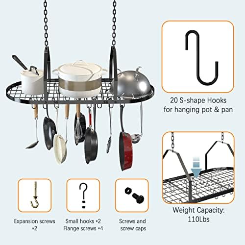 Ceiling Pot and Pan Rack, Kitchen Pot Organizer Storage Rack, Multi-Purpose Organizer for Home, Restaurant, and Kitchen Cookware with 20 Removable Hooks (Black) - Image 5