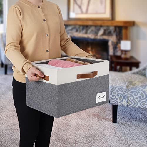 Large Storage Bins with Lids, Foldable Fabric Storage Baskets with Lids, Sturdy Storage Boxes with Labels and 3 PU Handles for Closet Home Bedroom Office (26L, 3 Packs, Grey&White) - Image 2